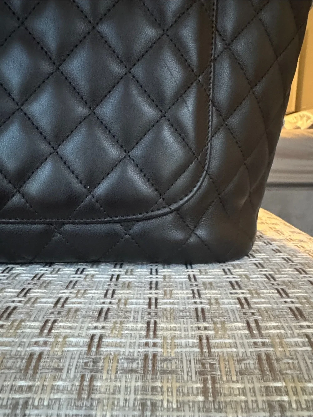 CHANEL Cambon Tote Black Quilted Tote with White CC Patch